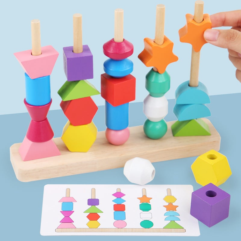 Wooden Geometric Shape Cognitive Matching Block Children'S Montessori Beaded Rope Five Sets Of Column Puzzle Play - Image 3